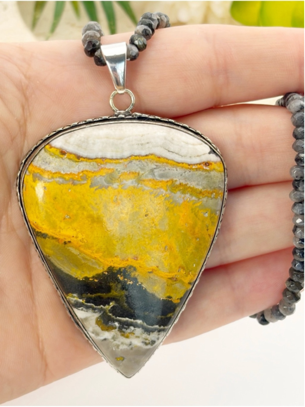 XL Bumblebee Jasper Pendant Moonstone Necklace 925 Sterling Silver Overlay - Picture 2 of 7